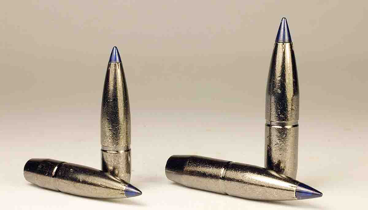Federal Edge TLR bullets have one AccuChannel groove and a dull nickel finish. At left is the .27-caliber 136-grain Edge TLR, and at right is a .30-caliber 200-grain Edge TLR.
